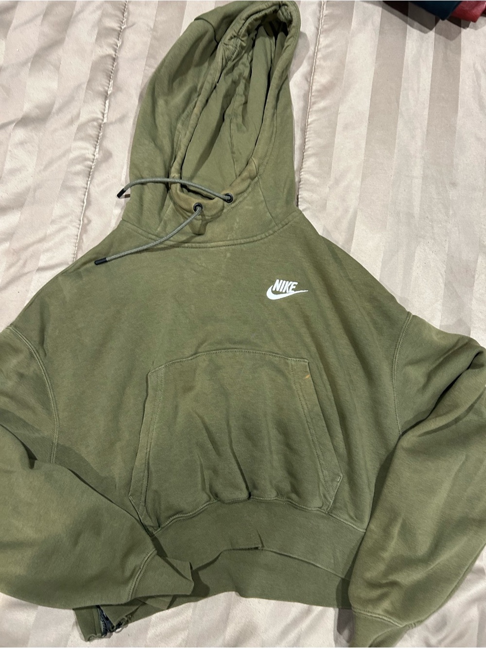 Nike Olive Green Pullover crop Hoodie with White Swoosh